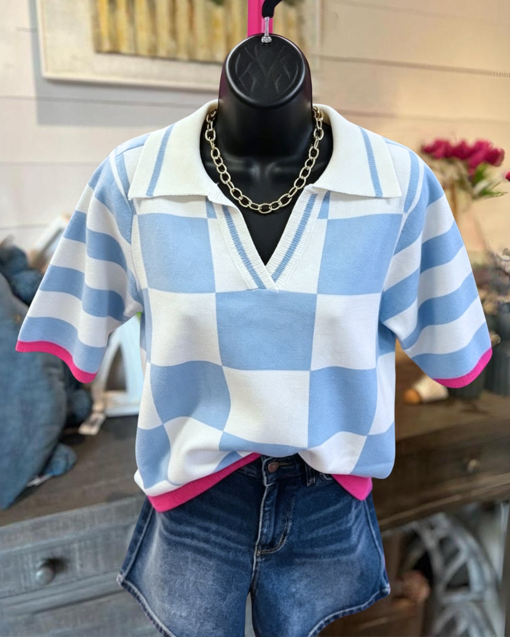 Plaid Contrast Trim Polo Top