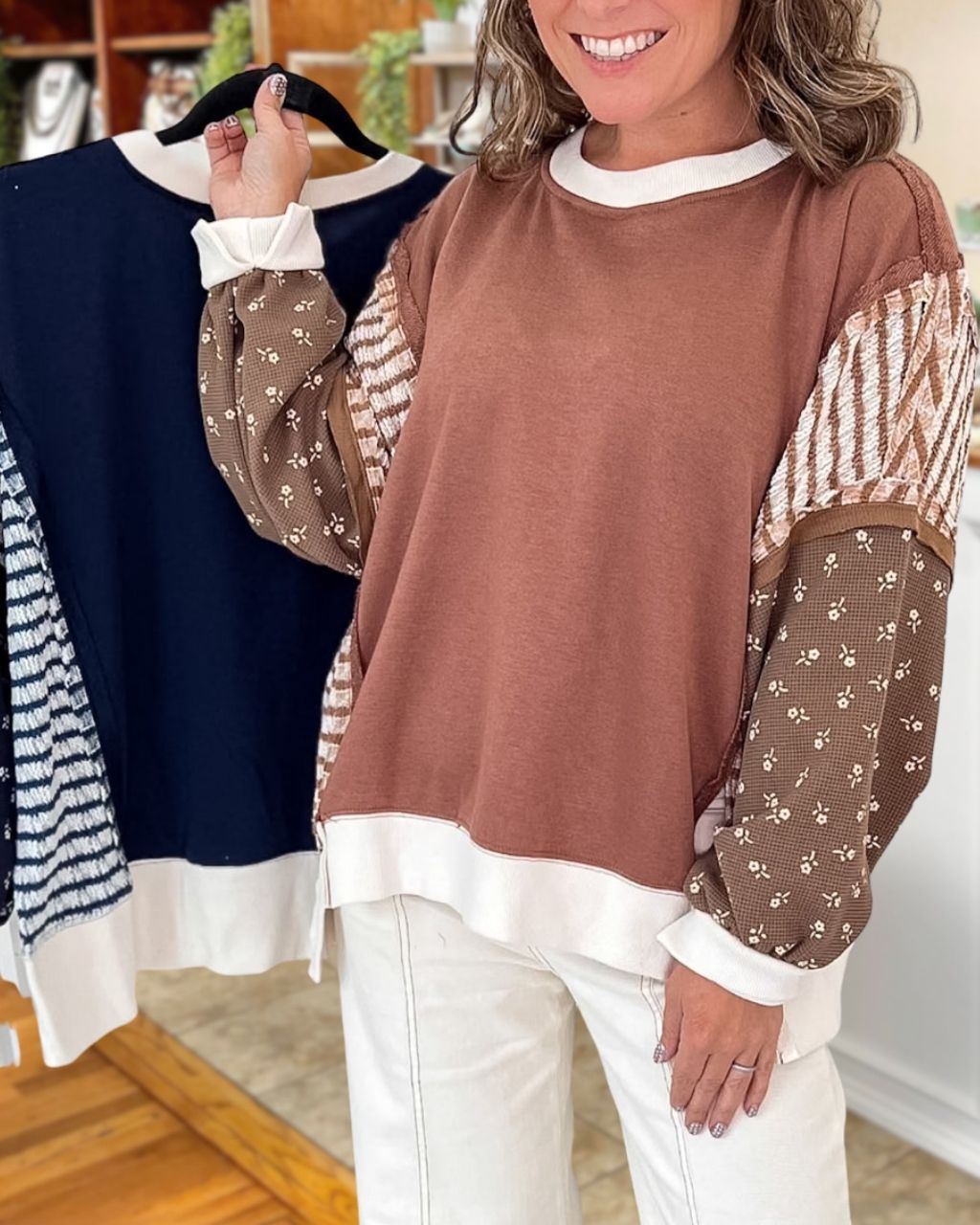 Patchwork Puff Sleeve Printed Pullover