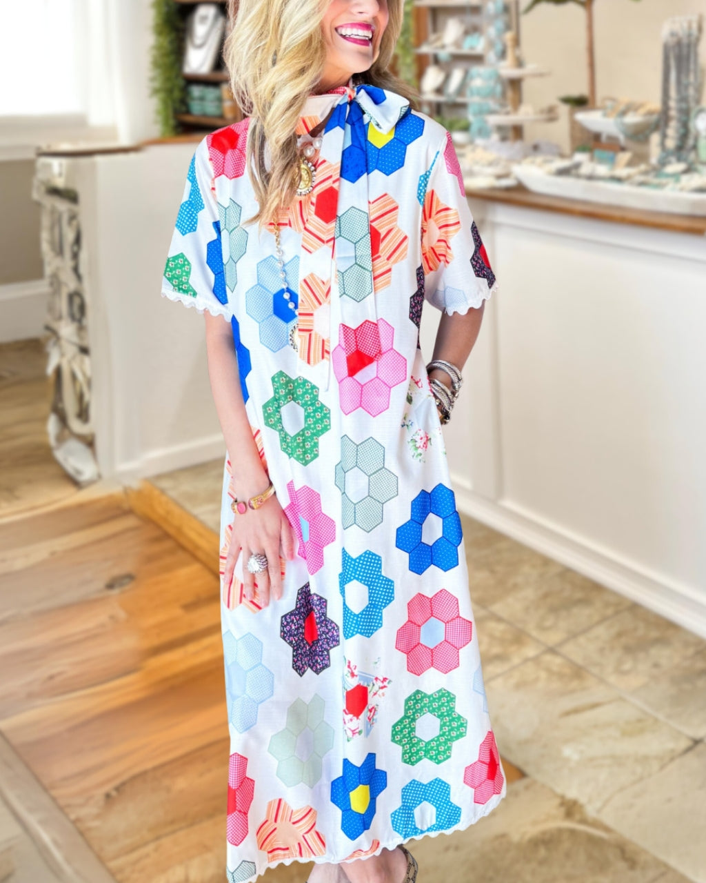 Geometric Floral Satin Dress