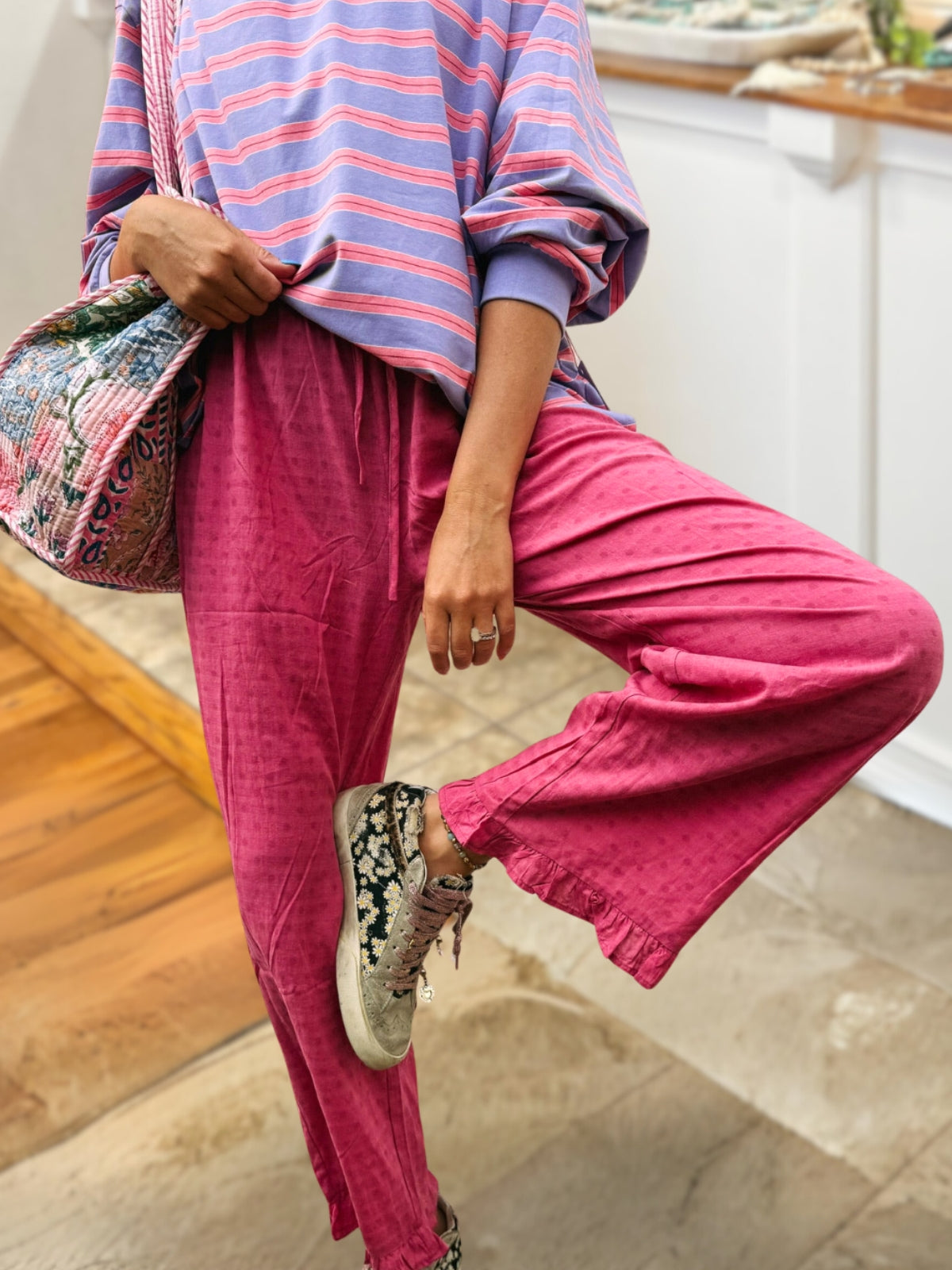 Ruffle-Edged Polka Dot Jacquard Pants