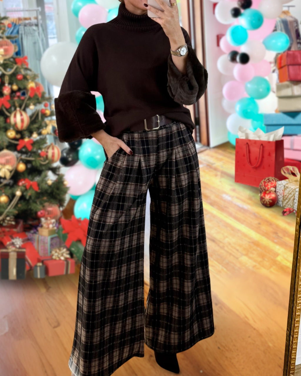 Stylish Plaid Wool Wide-leg Pants
