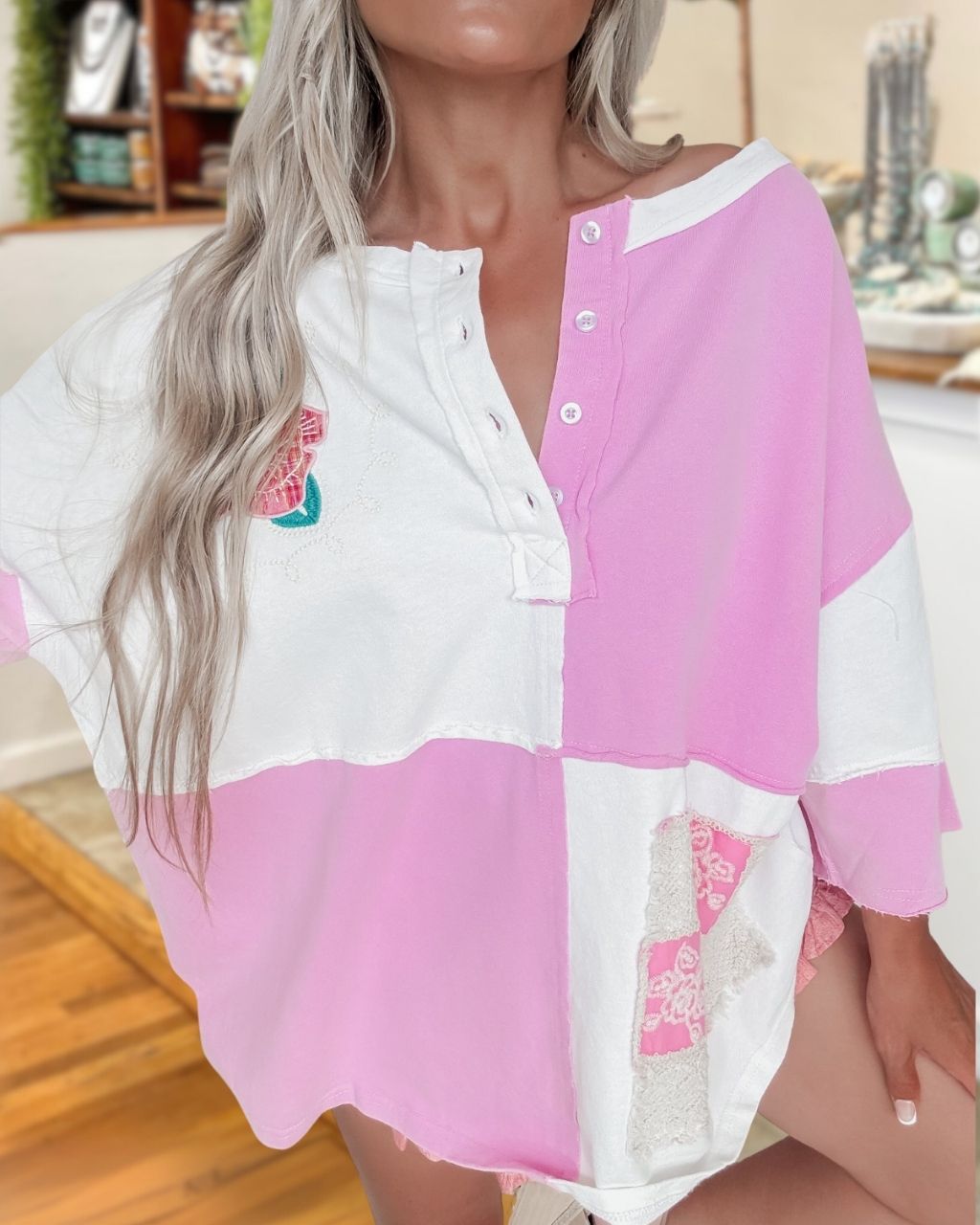 Floral Embroidered Color-blocked Washed Top
