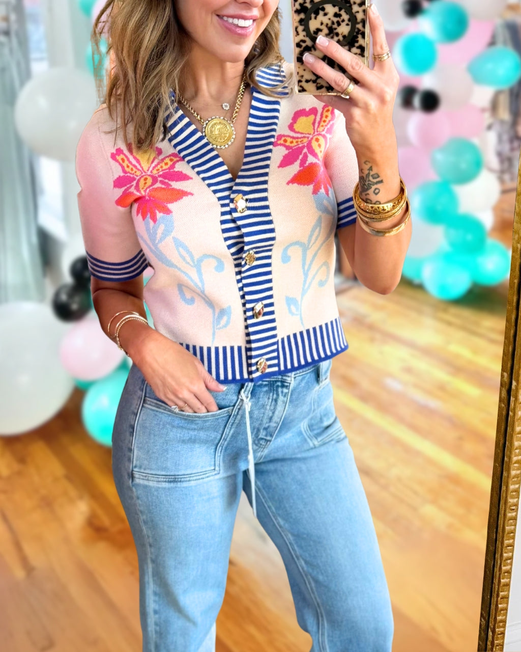 Floral Striped Trim Knitted Cardigan