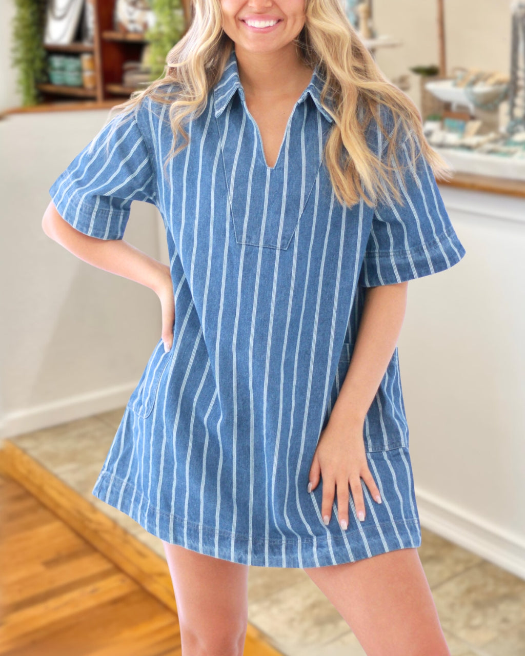 Good Vibes Striped Denim Dress