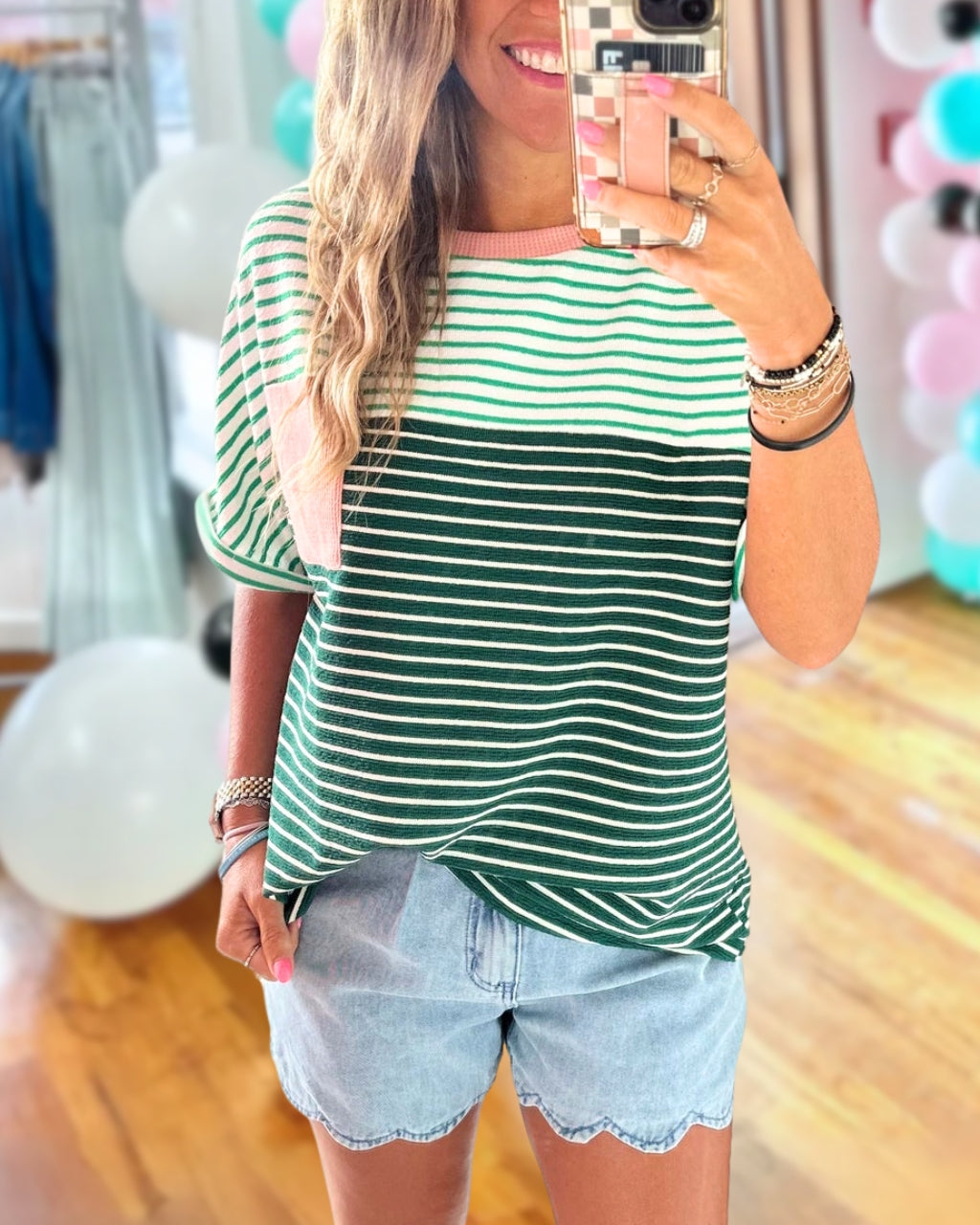Color-block Striped Ribbed Trim Top