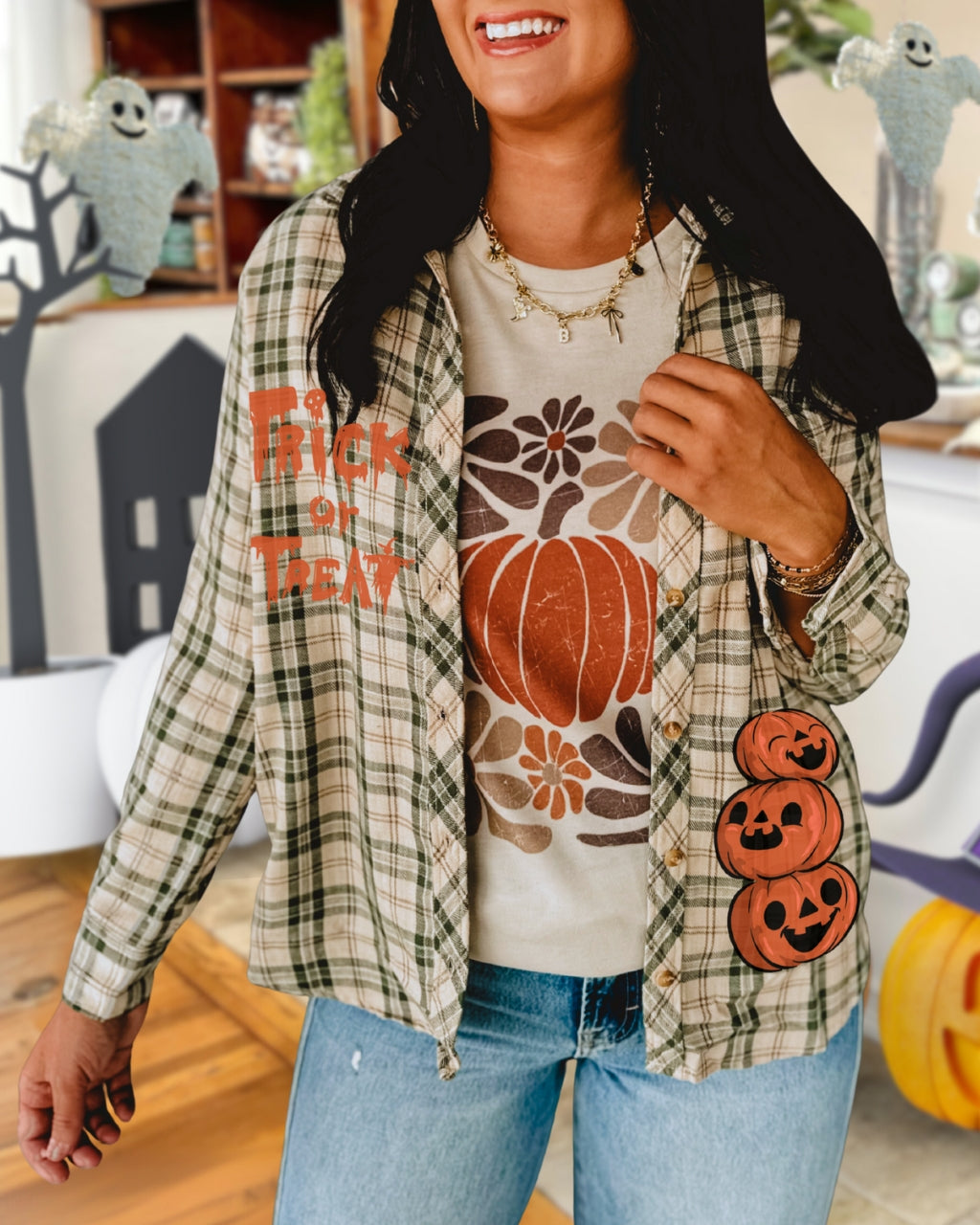 Whimsical Halloween Pumpkin Graphic Plaid Shirt