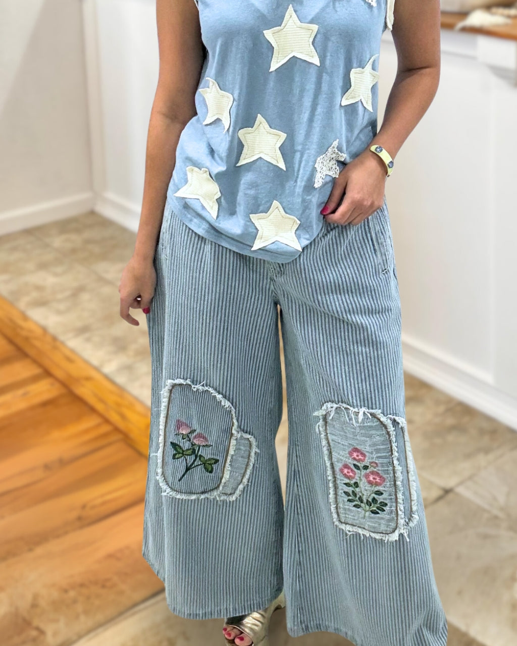 Floral Embroidered Patch Striped Pants