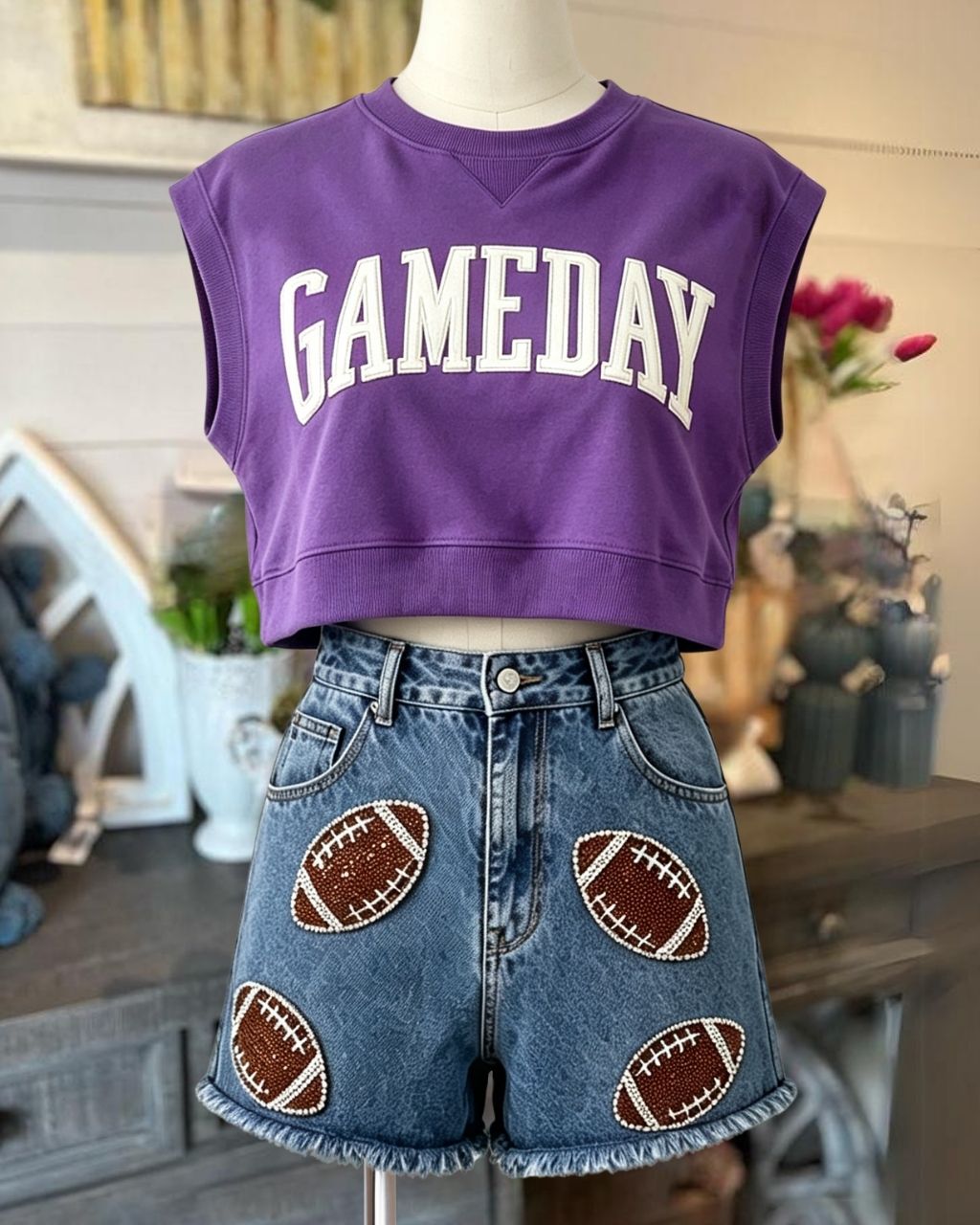 Football Sequined Denim Shorts