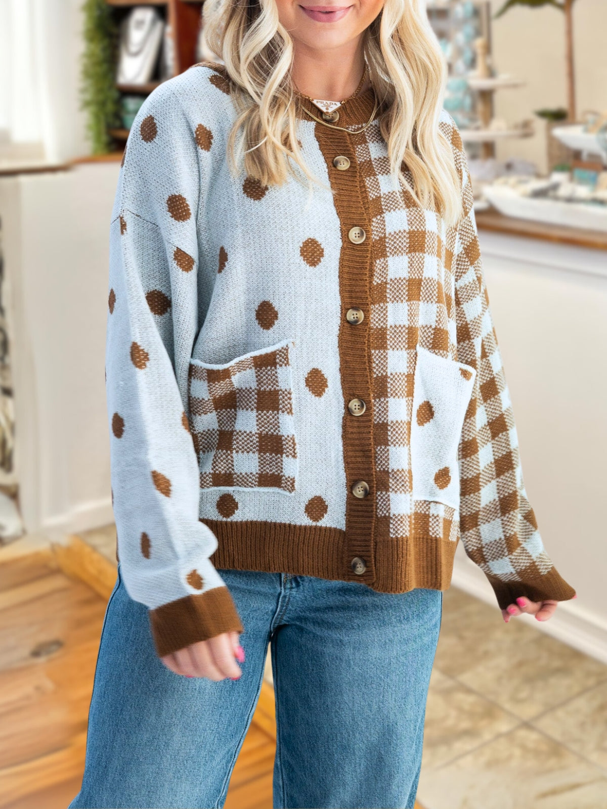 Polka-dot Plaid Patchwork Cardigan