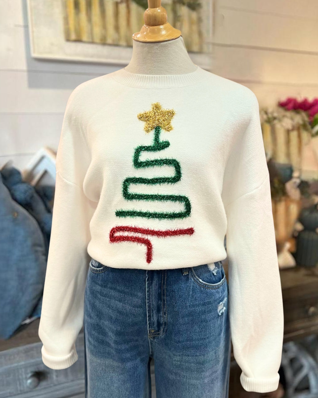 Christmas Tree Line Embroidered Pullover