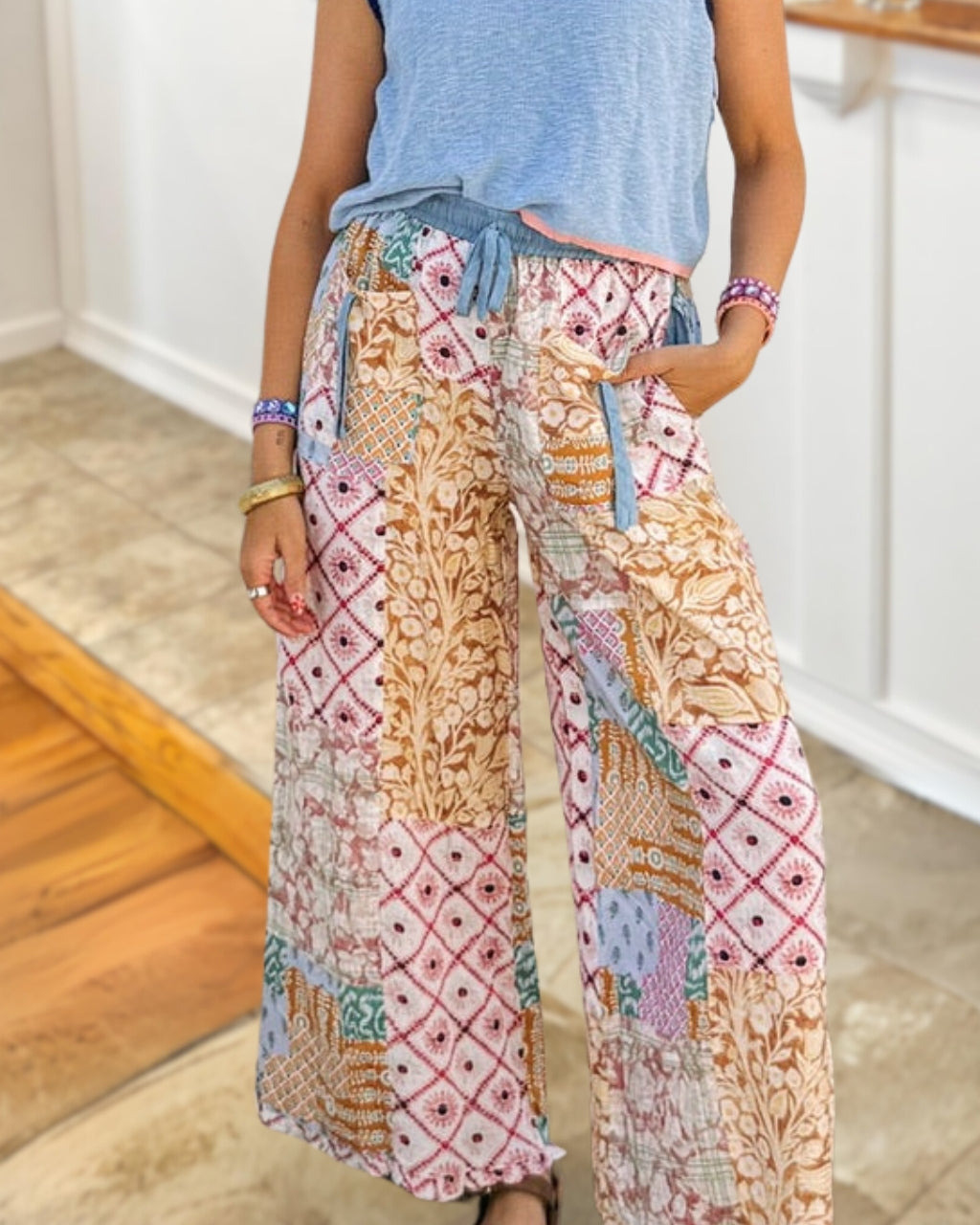 Mixed Floral Print Paneled Pants