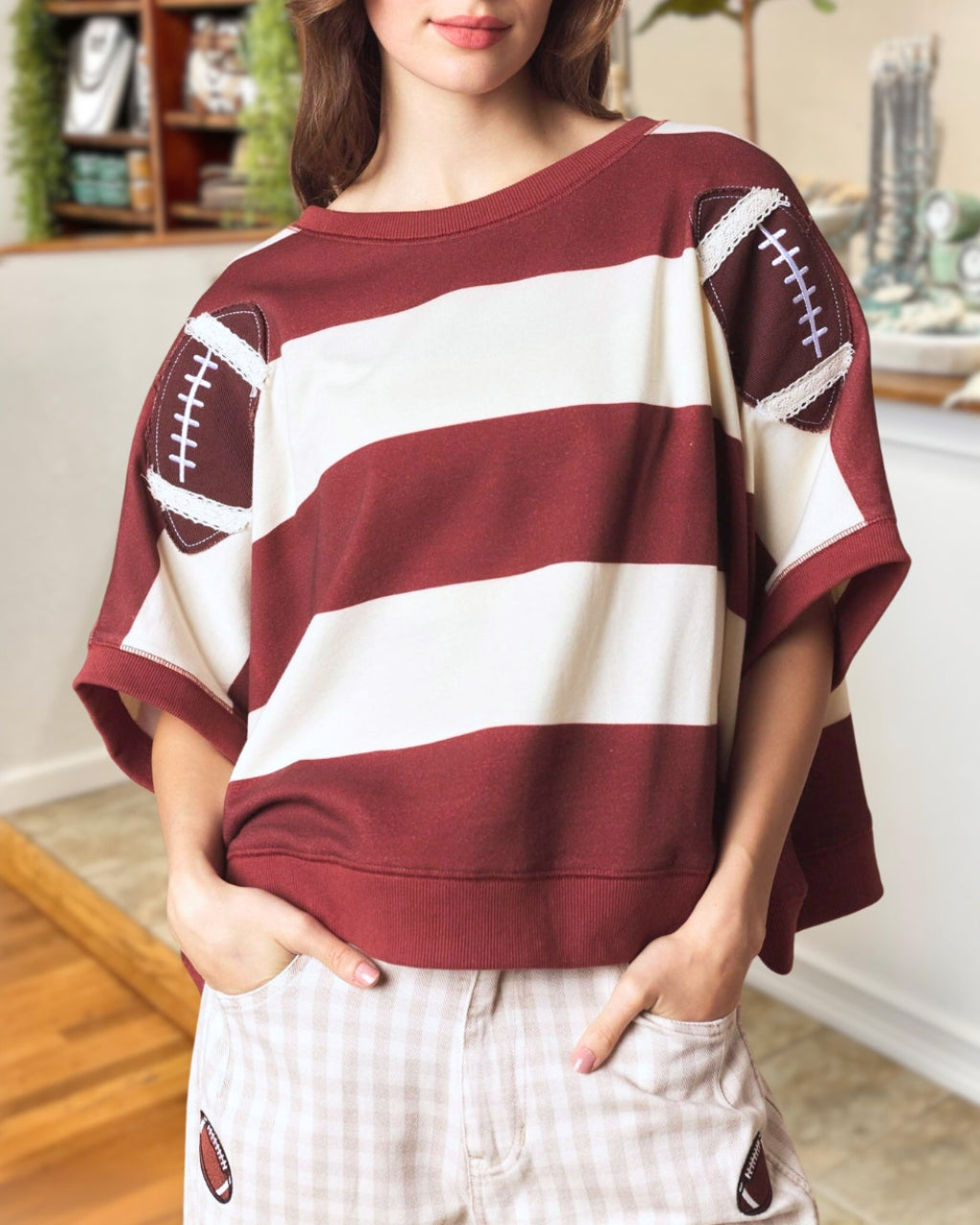 Tailgate Glow Football Patch Stripe Top