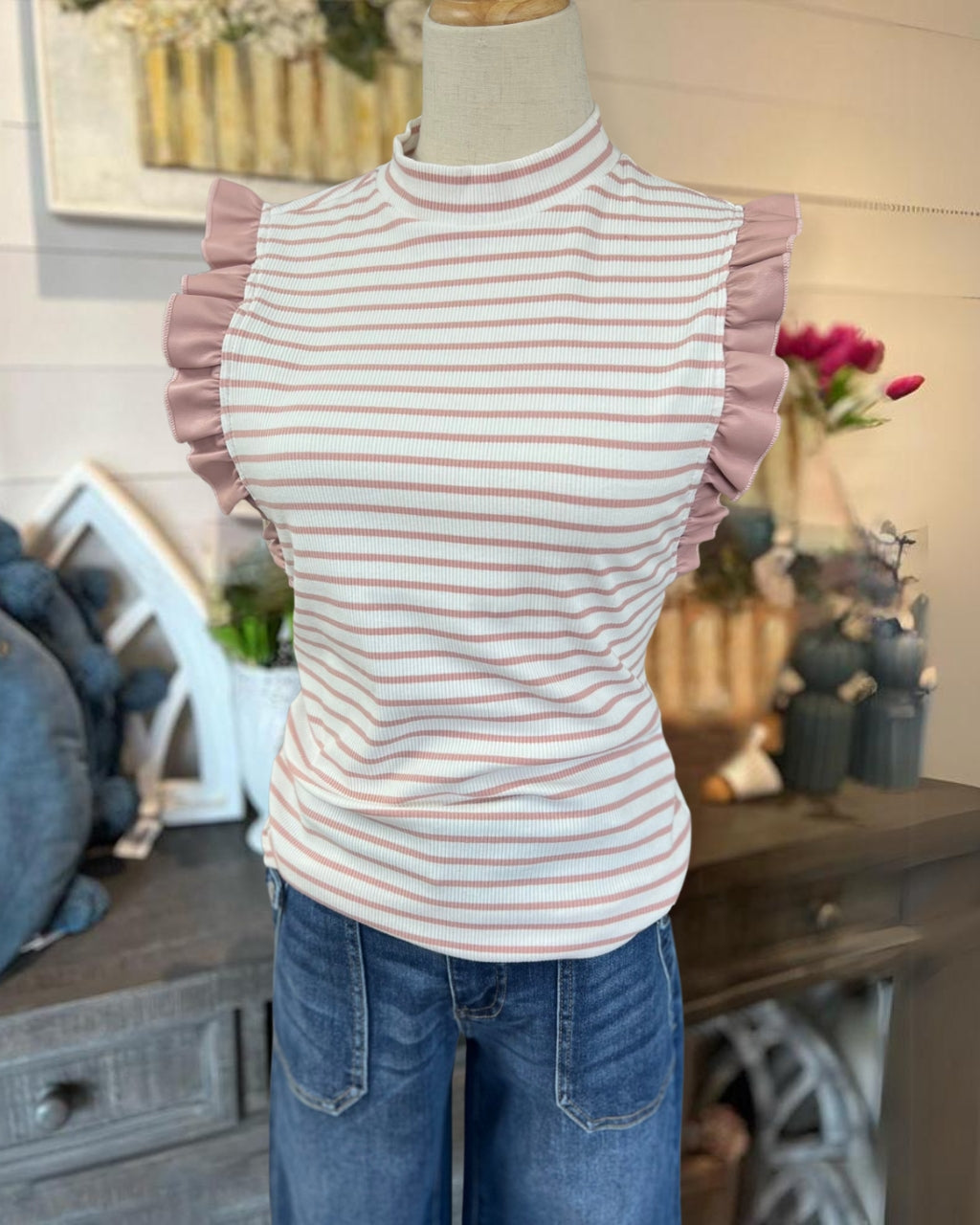 Striped Ruffled Sleeve Top