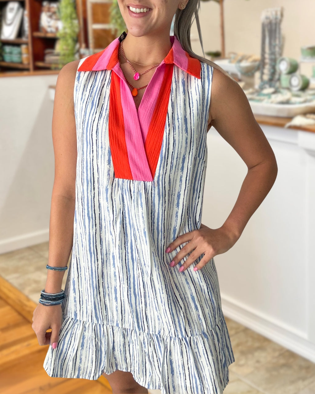 Contrast Neckline Striped Dress
