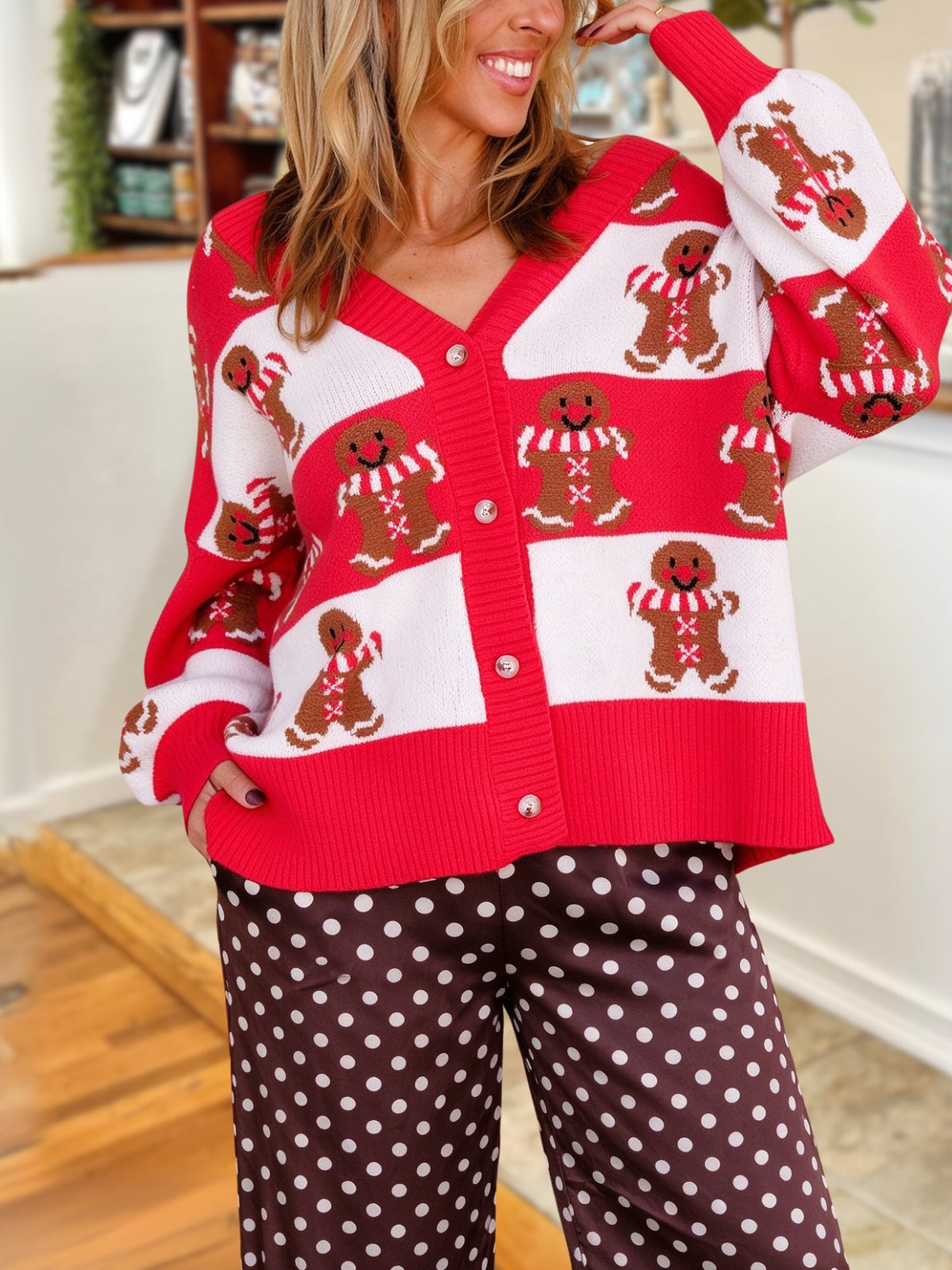 Christmas Gingerbread Man Color-Block Cardigan