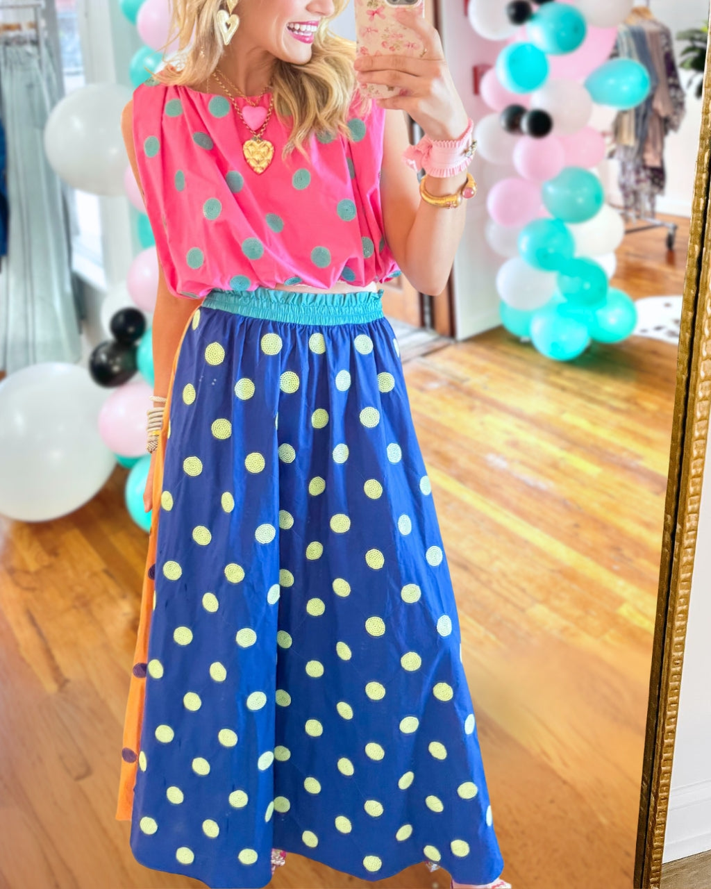 Color-block Polka Dot Poplin Skirt