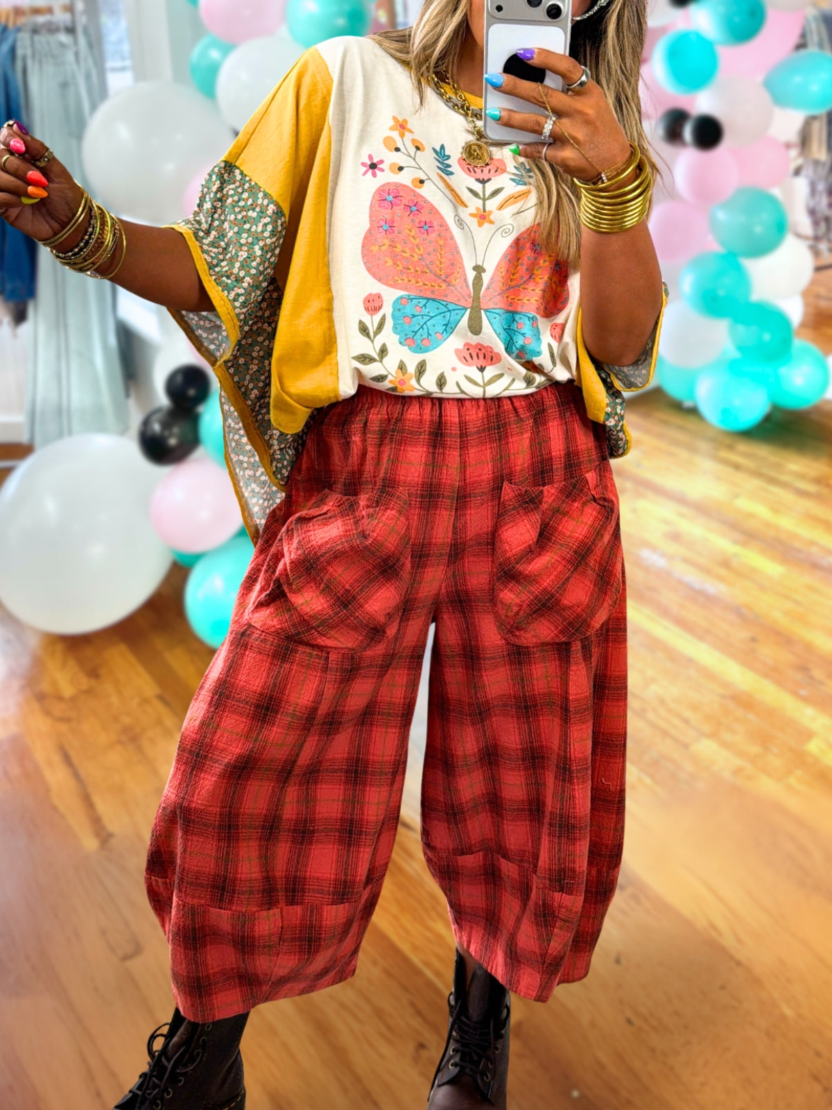 Wool Blend Plaid Wide-Leg Lantern Pants