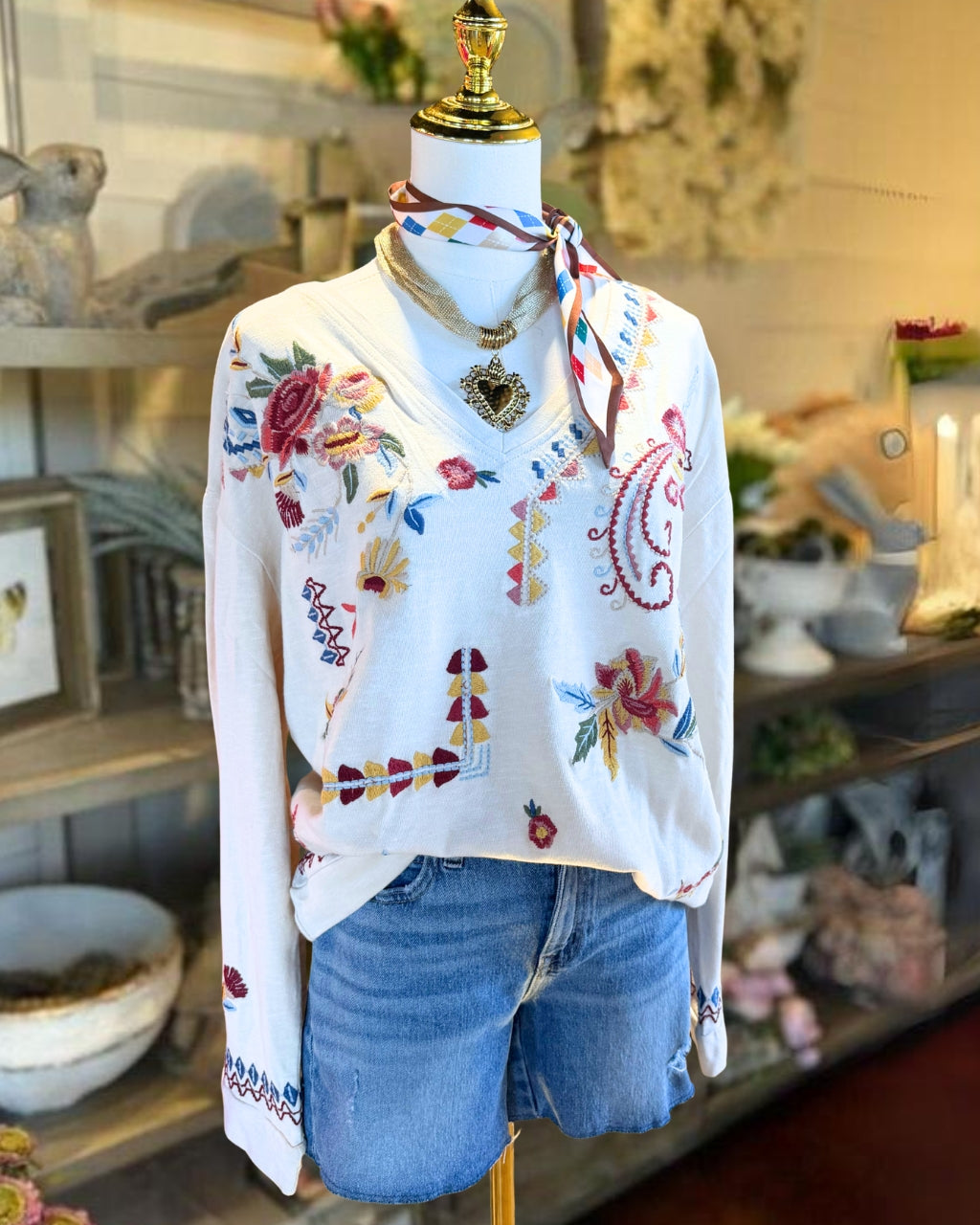 Floral-embroidered V-neck pullover