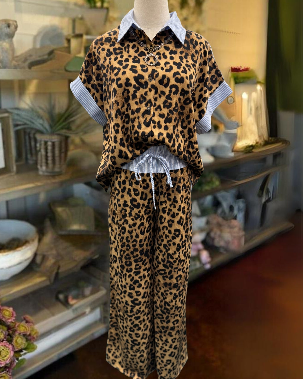 Striped Trim Leopard Satin Set