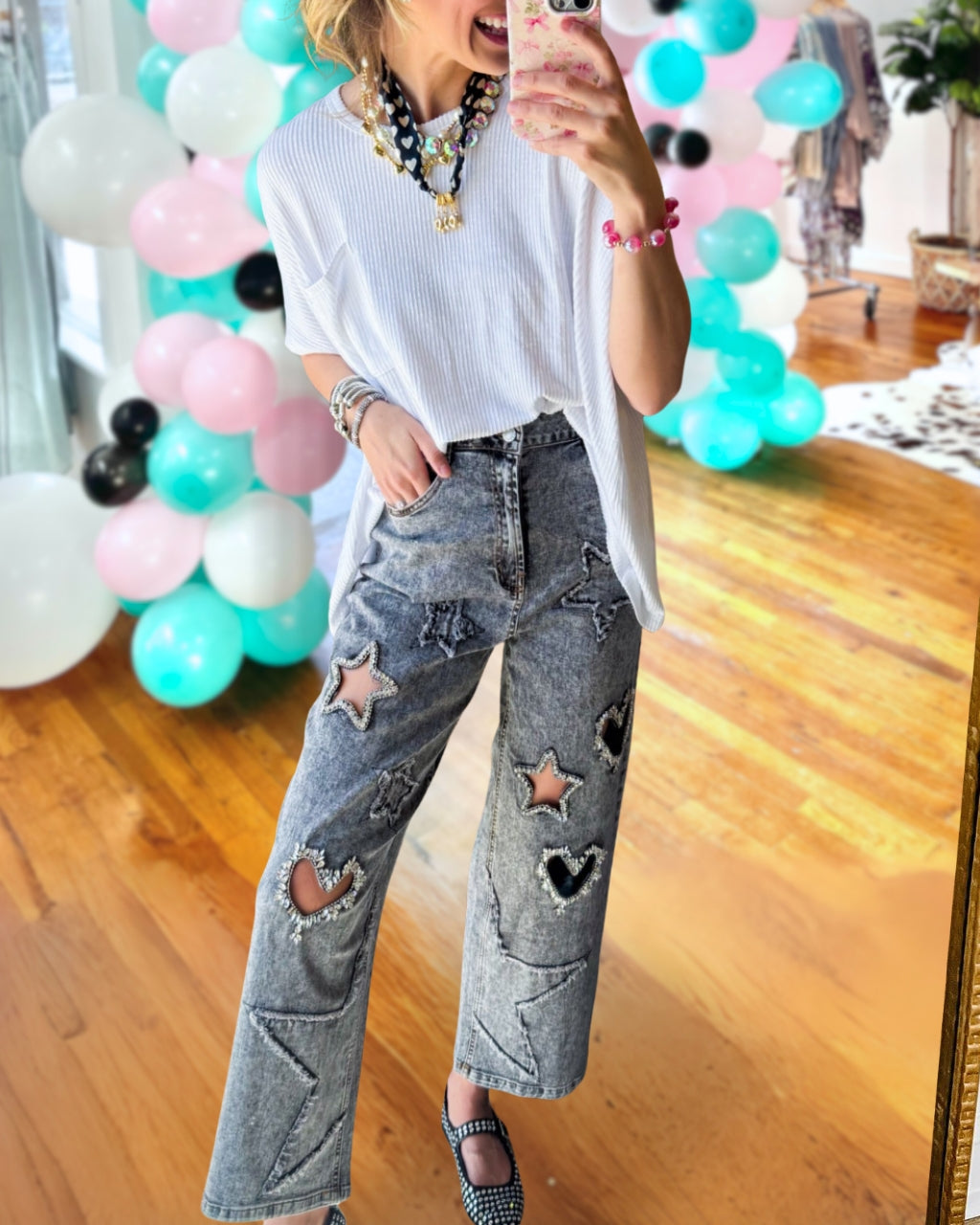 Star Heart Embroidered Cutout  Jeans