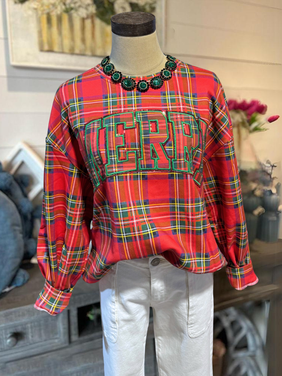MERRY Embroidered Plaid Pullover