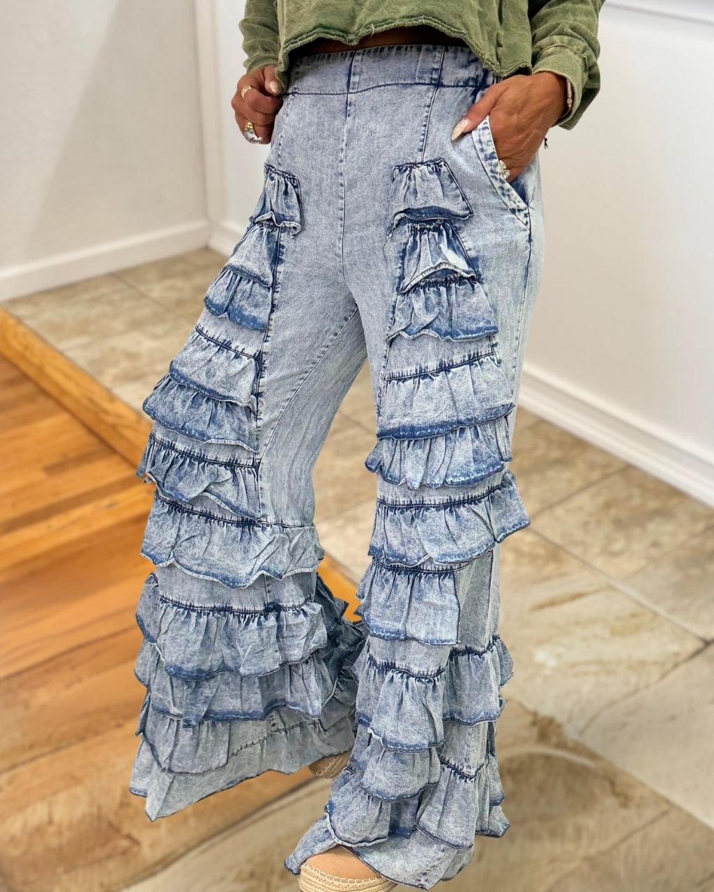 Multi Layer Ruffle Flared Jeans