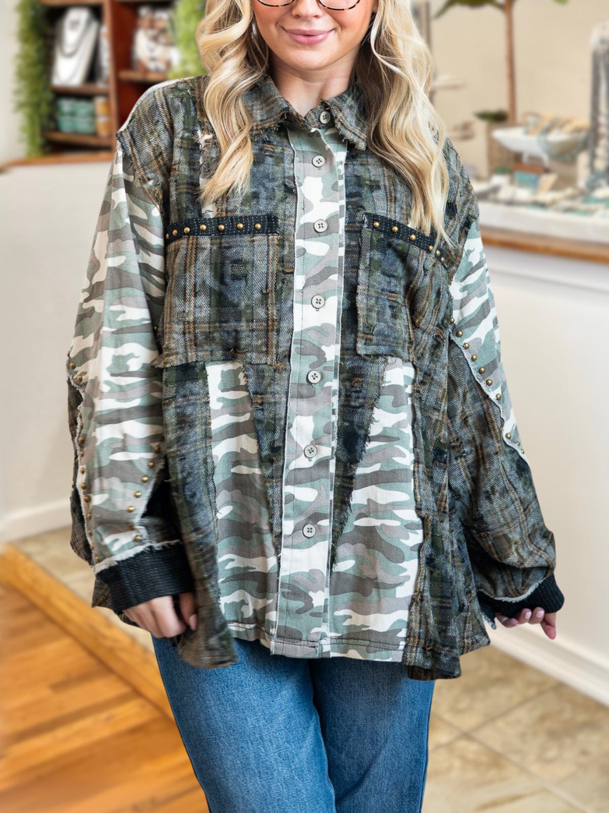 Camo Plaid Wool-Blend Patchwork Shirt