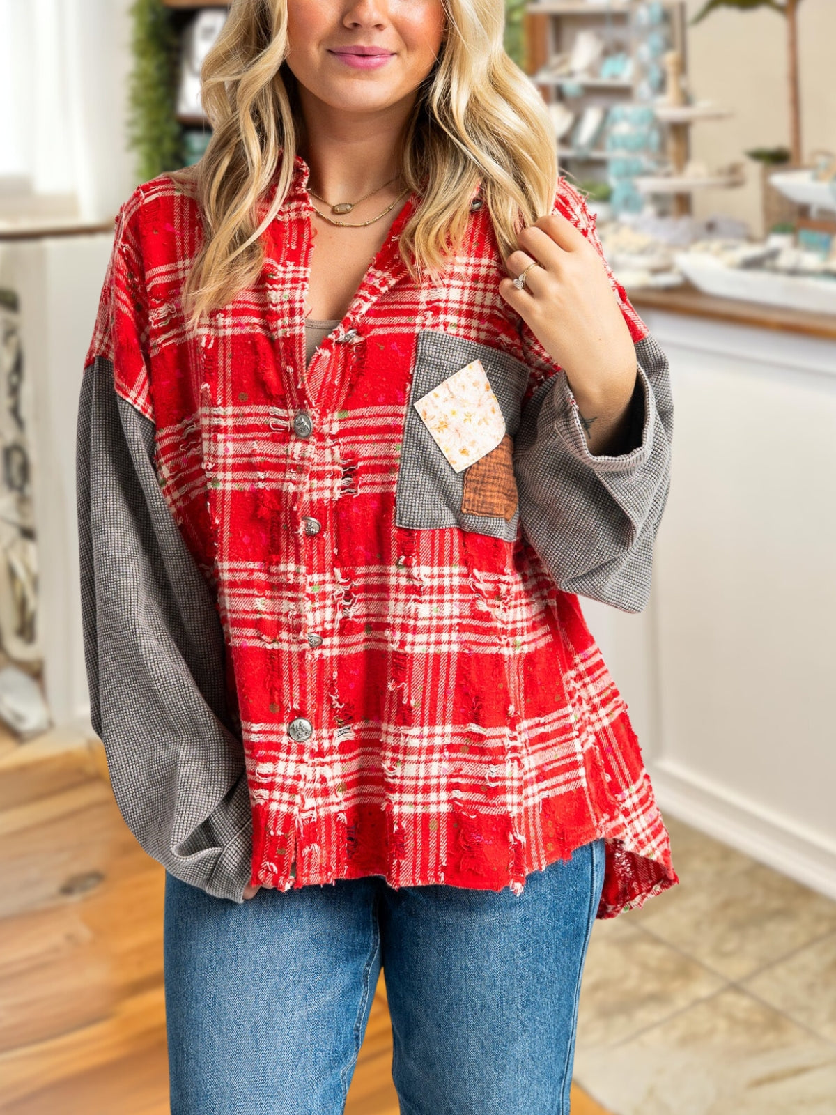 Plaid Patchwork Waffle Wool Blend Shirt