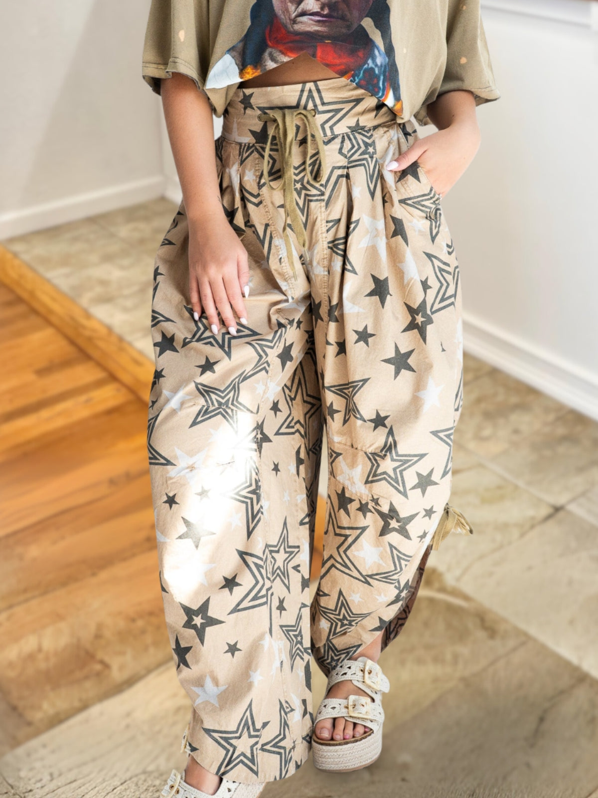 Chic Star Print Drawstring Pants
