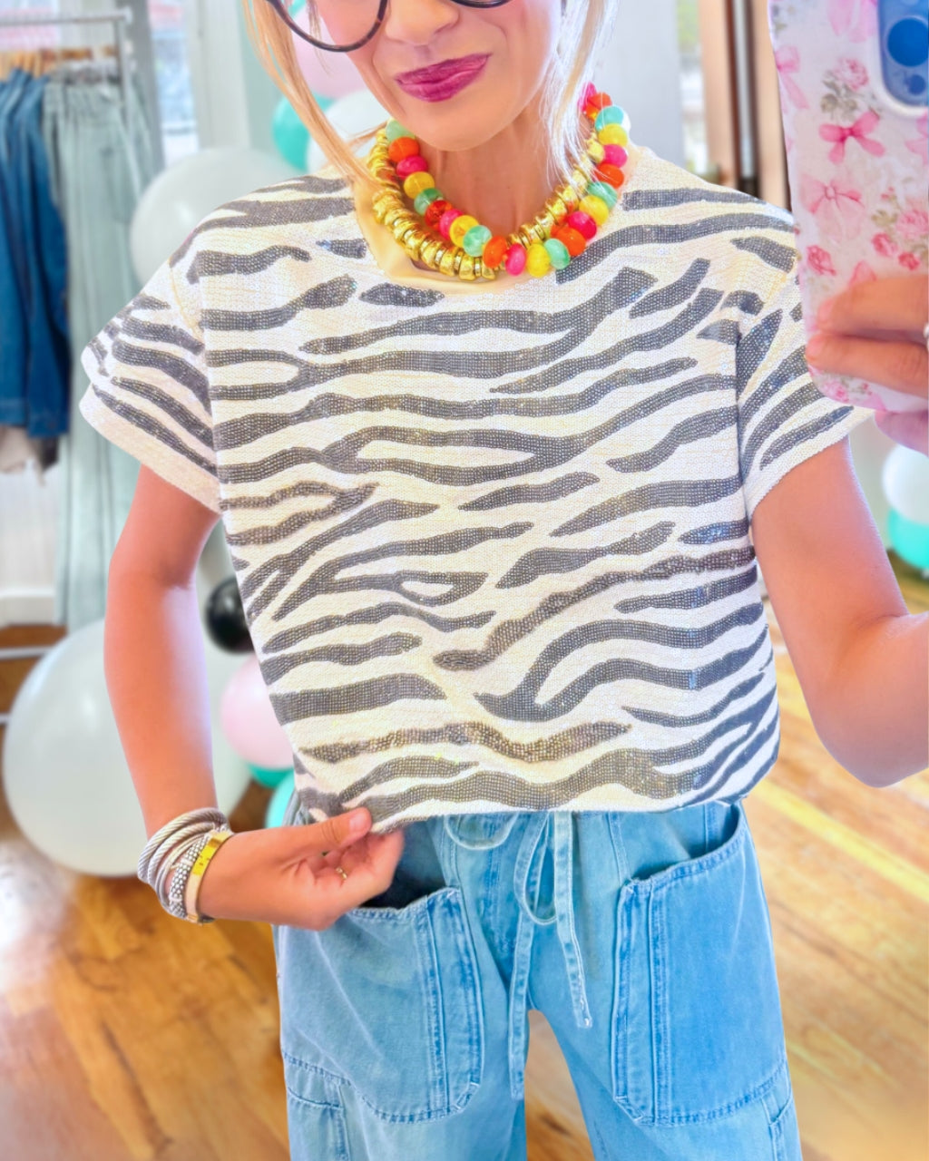 Zebra-print Sequined T-shirt