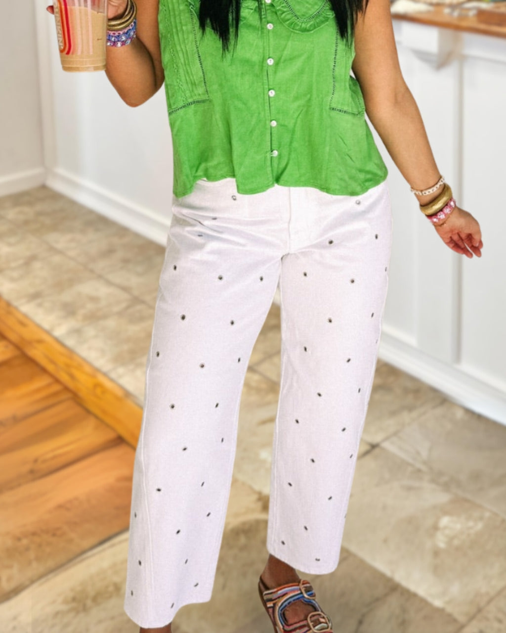 Special Denim Openwork Eyelet Pants