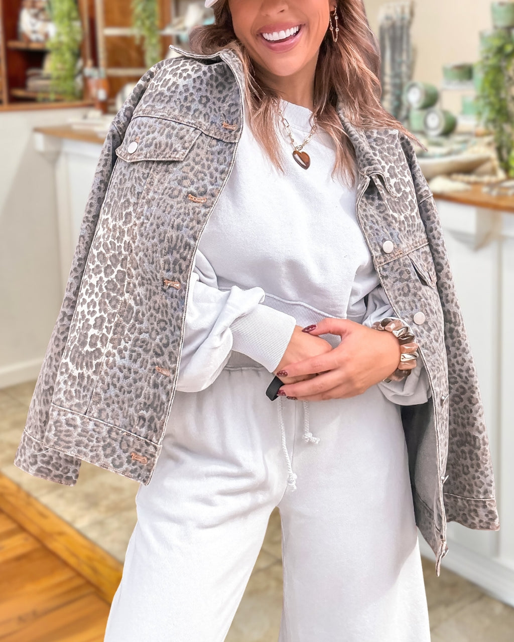 Washed Denim Leopard Print Jacket