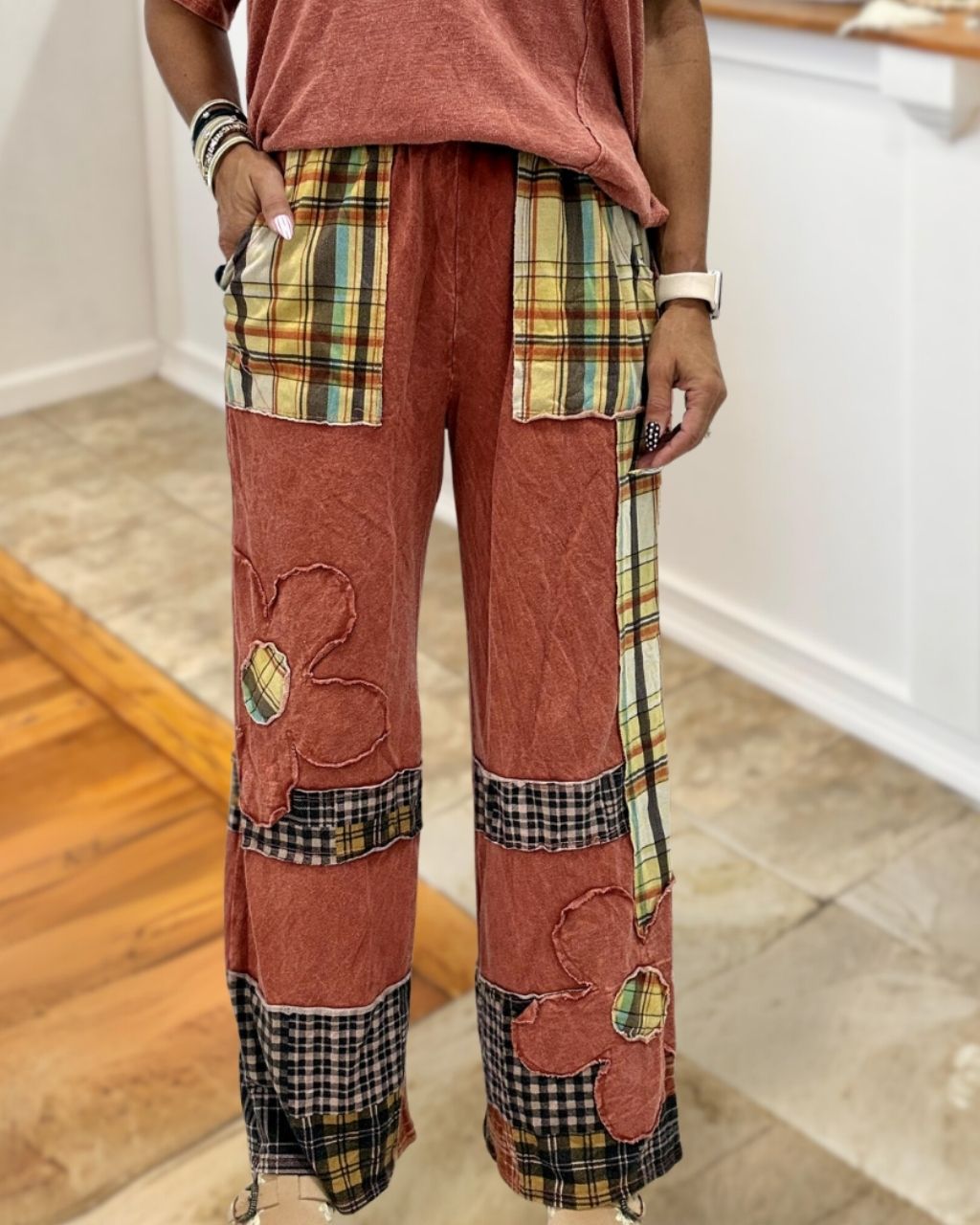 Checkered Floral Embroidered Patch Pants
