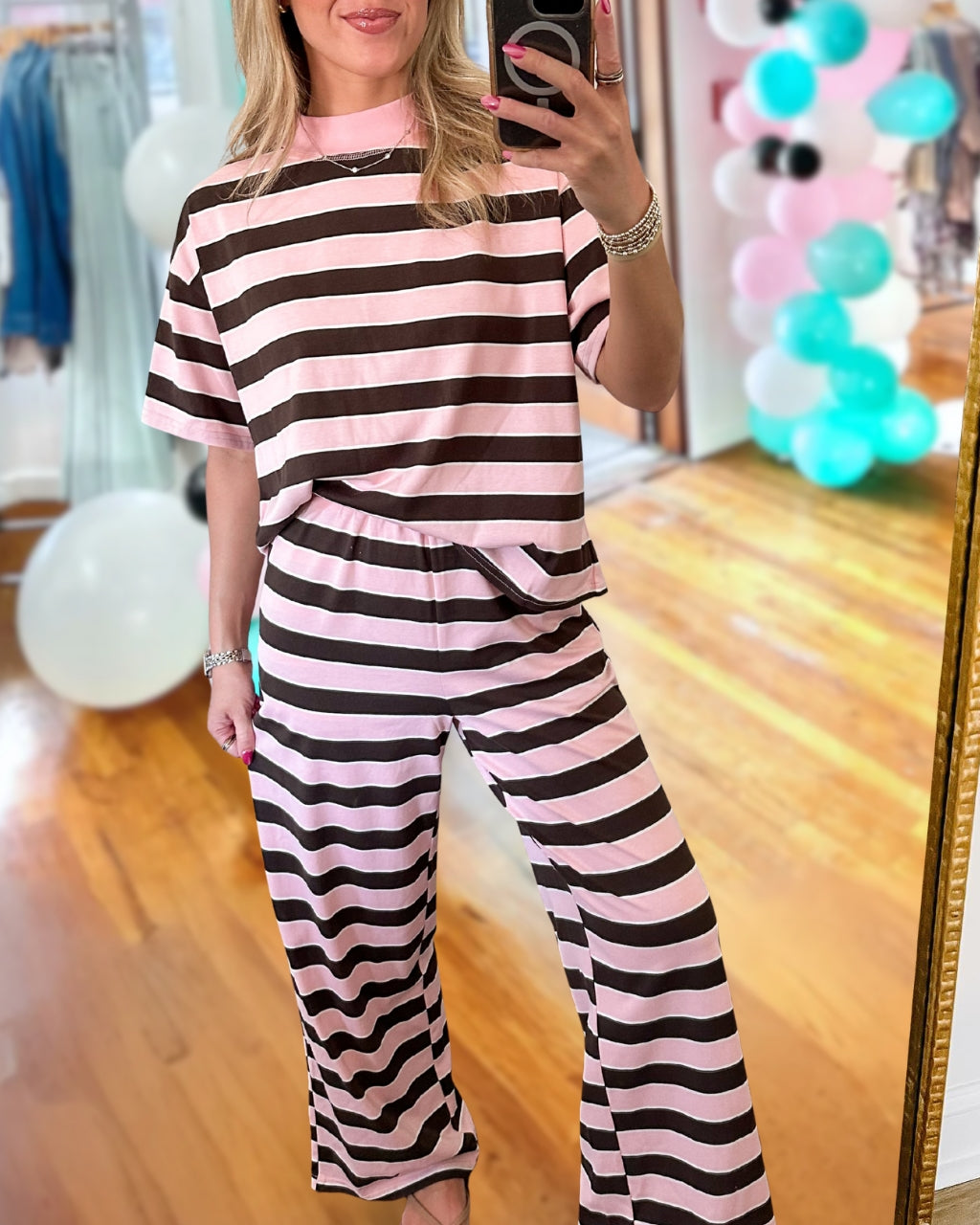 Casual Color-blocked Striped Set