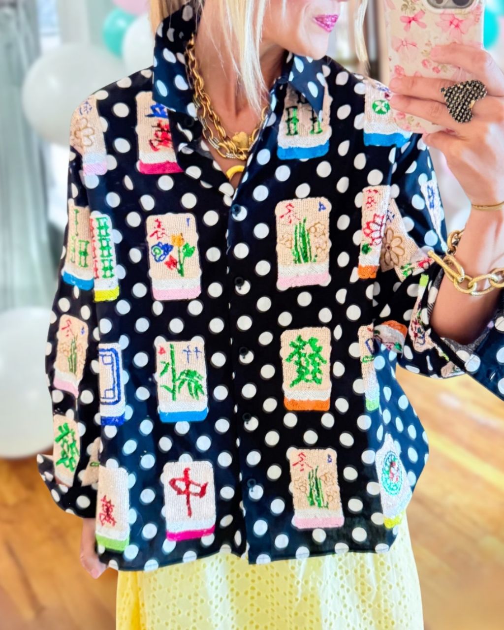 Mahjong Sequined Polka-dot Satin Shirt