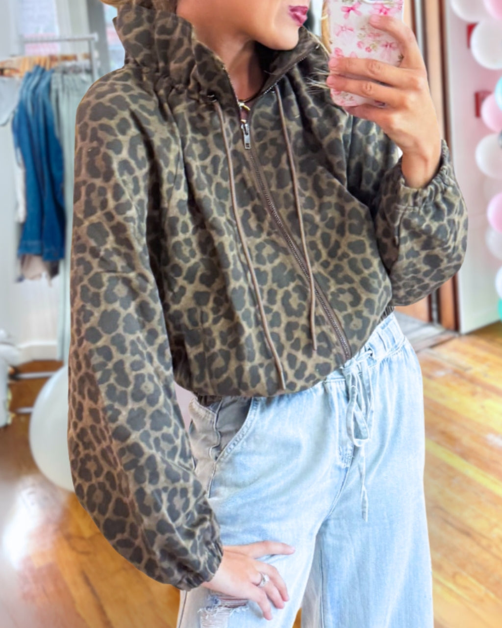 Washed Leopard Zip Up Jacket