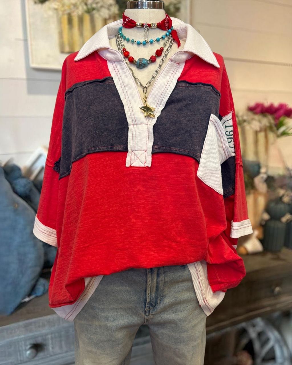 Retro Washed Color-block Collared Top