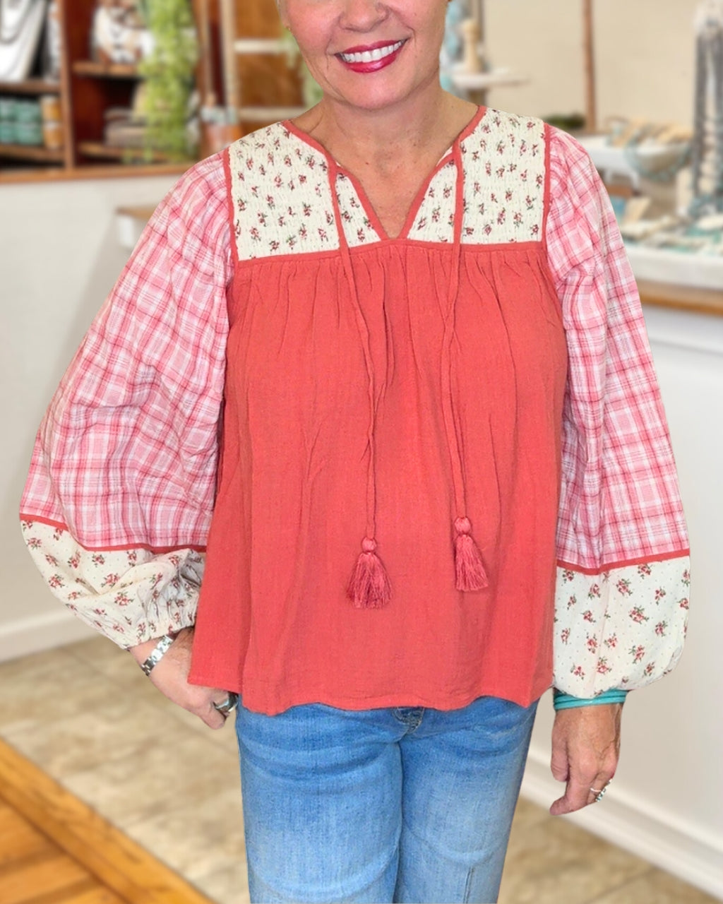 Floral Plaid Patchwork Top