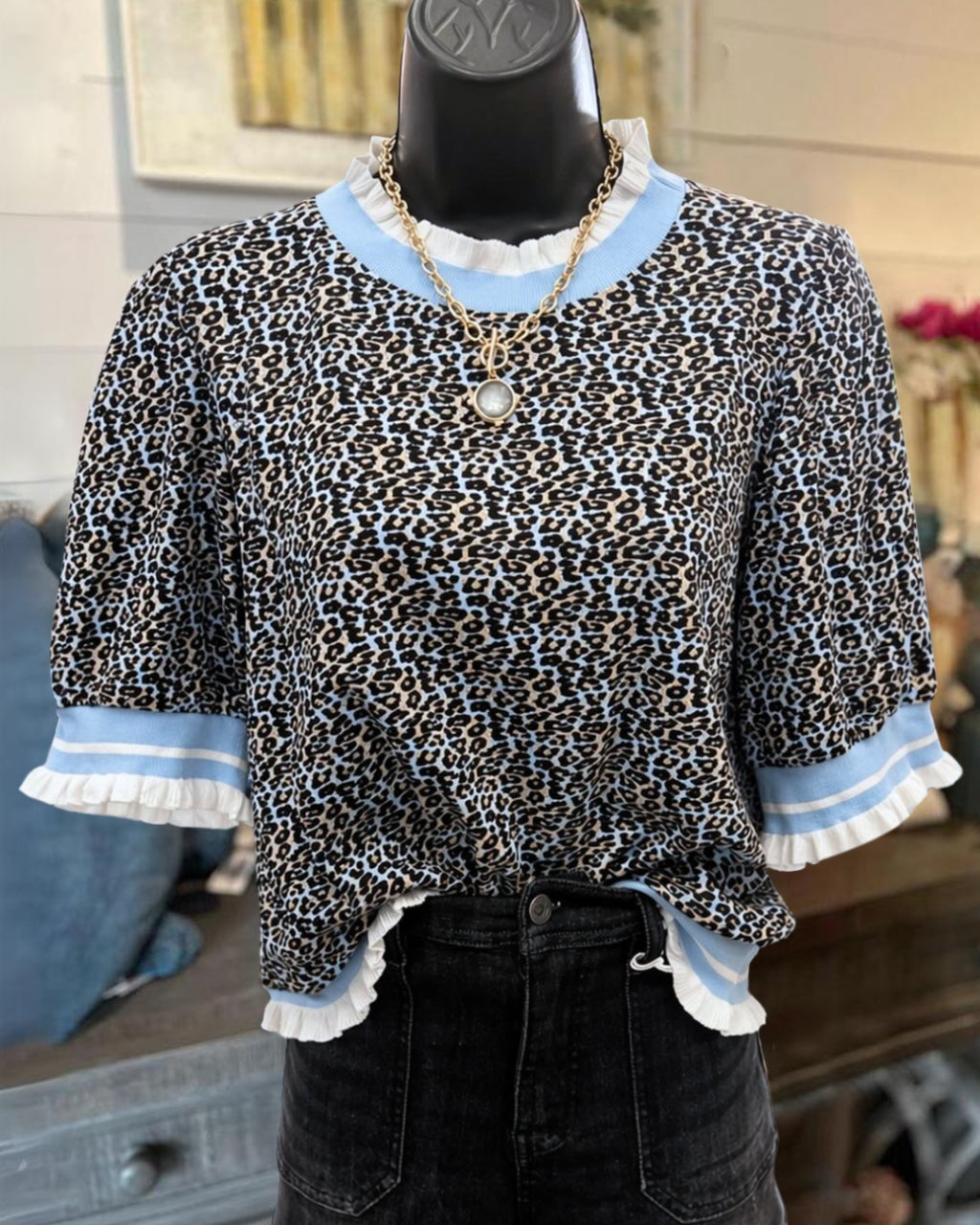Leopard Ruffle Trim Top