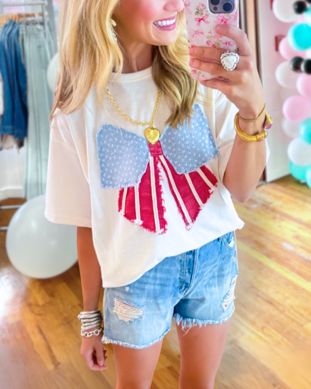 Flag Bow Patch Embroidered T-shirt