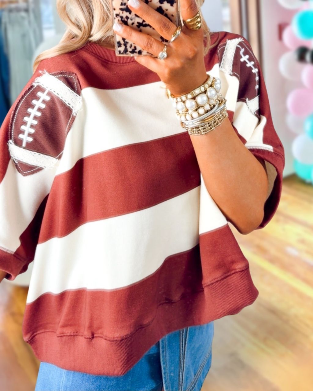 Football Embroidered Patch Color-blocked Top