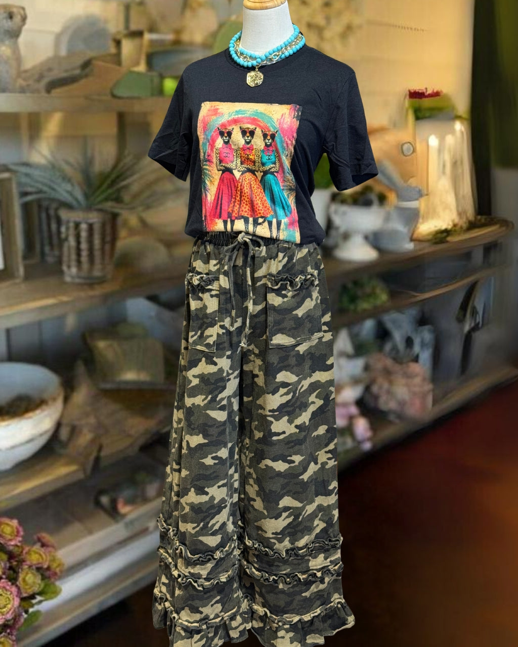Duo Ruffle Trim Camo Pants