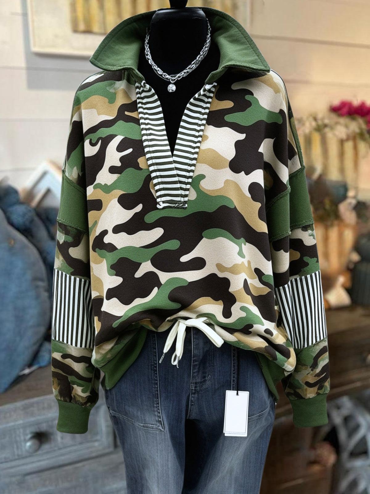 Camouflage Striped Color-Blocked Pullover