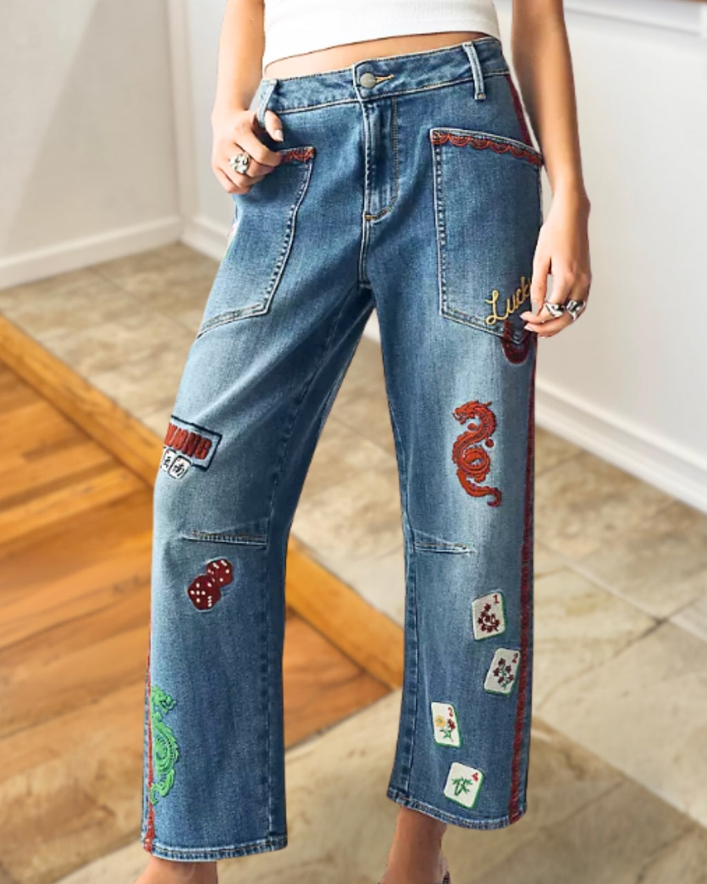 Fun Mahjong Embroidered Jeans
