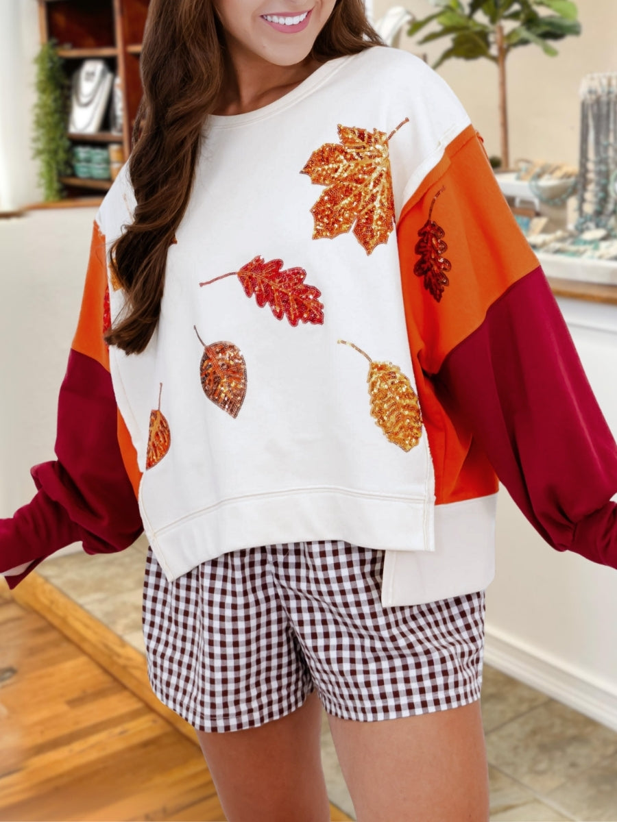 Autumn Leaf Color Block Sequin Pullover