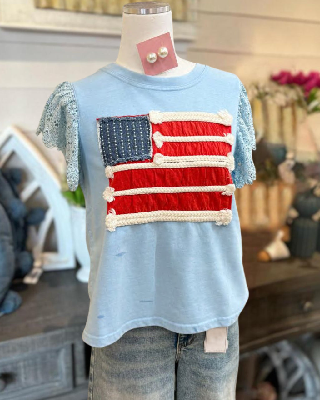 Flag Lace Patchwork T-shirt