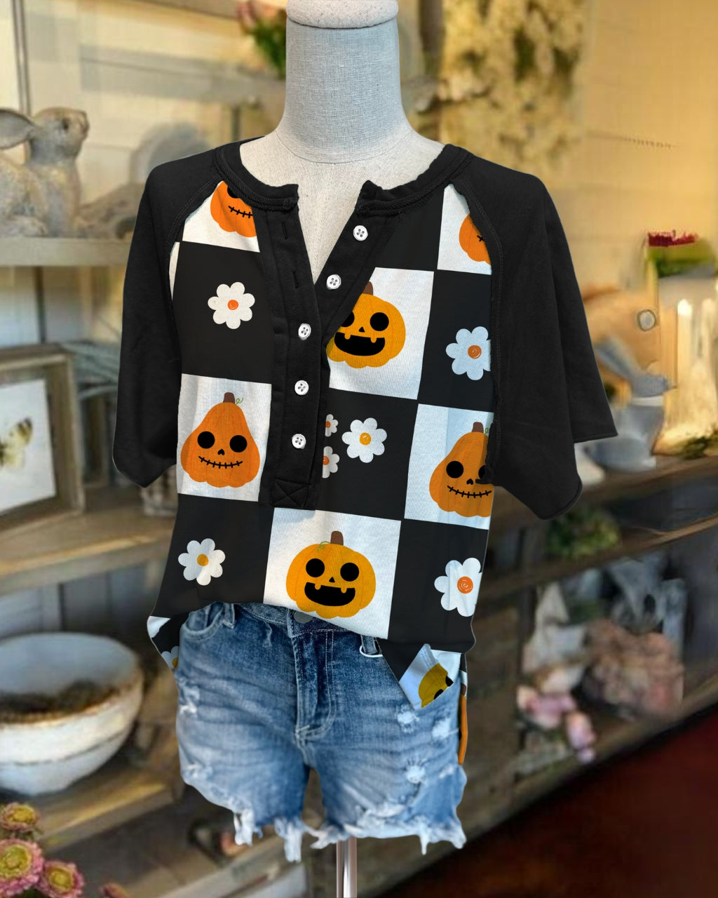 Lively Halloween Pumpkin Check Henley Tee