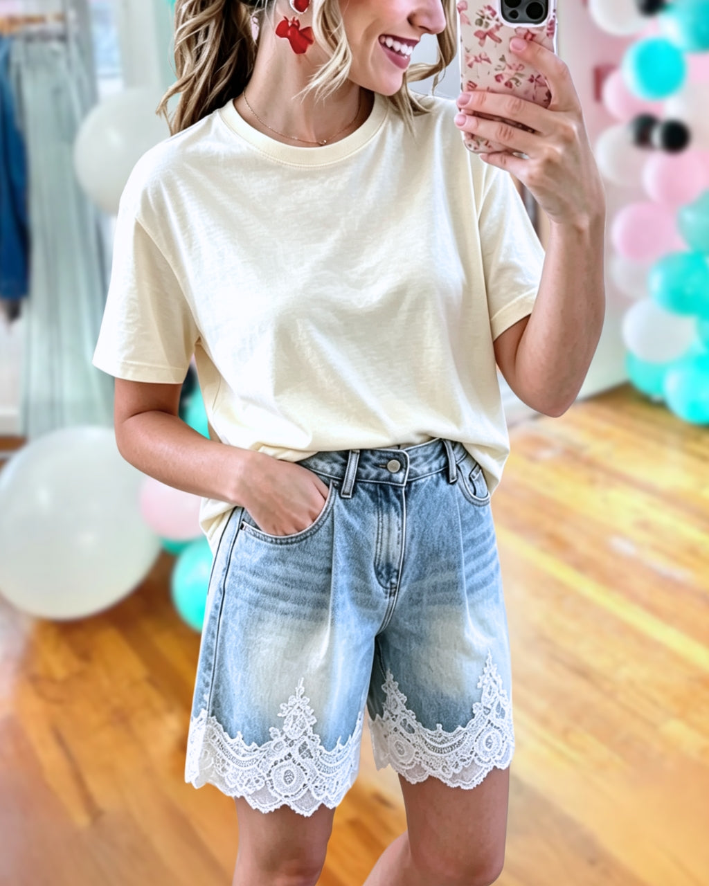 Lace Hem Boho Denim Shorts