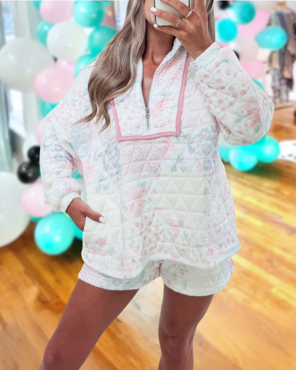 Floral Print Half-zip Quilted Set
