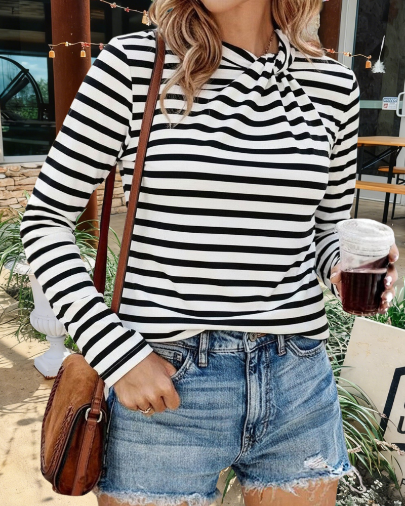 Casual Striped Knotted Neckline Top